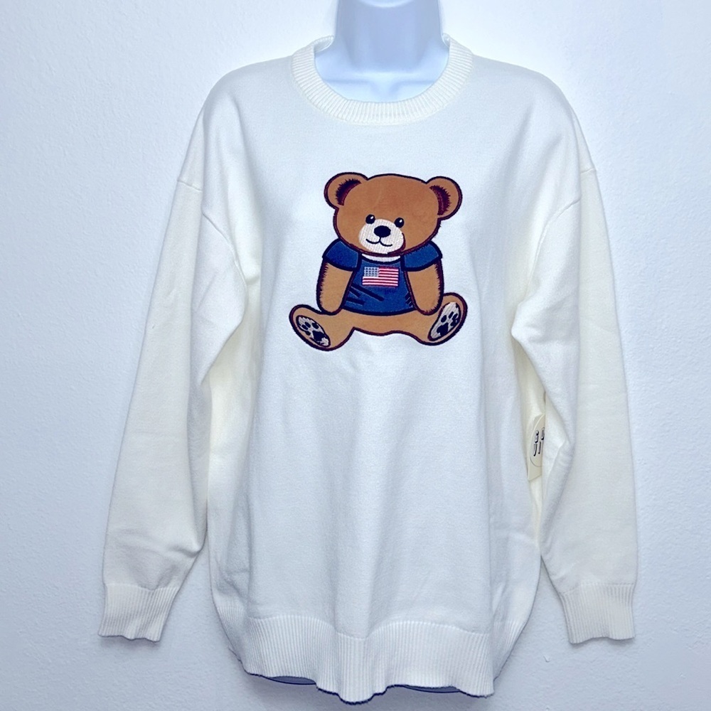 Orange‎ Kiss Essentials White Teddy Bear USA Flag Knit Crewneck Sweater Large